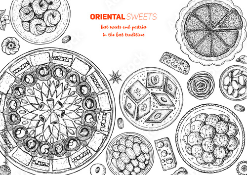 Oriental sweets vector illustration. Middle eastern food, hand drawn sketch. Linear graphic. Food menu background.