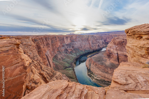 Panoramic picture over horseshoe bend and colorado river in winter