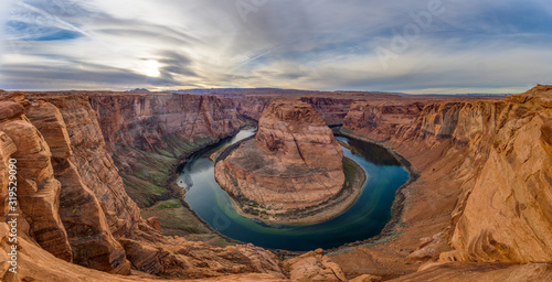 Panoramic picture over horseshoe bend and colorado river in winter
