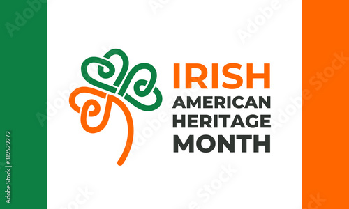 Irish-American Heritage Month vector illustration, colors Ireland flag. Abstract trend design for banner, poster, card and social media. Greeting business card with celtic Irish shamrock leaf pattern