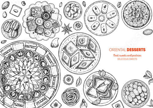 Oriental sweets vector illustration. Middle eastern food, hand drawn sketch. Linear graphic. Food menu background. Engraved style design template.