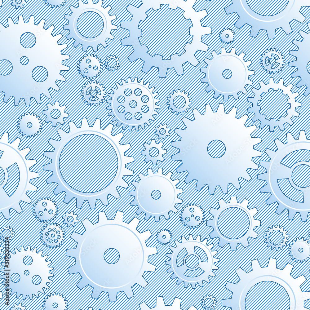 Vector Drawing Mechanical Cogwheel Seamless Pattern. Lined Blue Gear And Cog Site Background. Collection Of Clockwork Gear Wheels, Different Configuration. Mechanical Engineering Drafting. Vector Drawing Mechanical Cogwheel Seamless Pattern. Lined Blue Gear And Cog Site Background. Collection Of Clockwork Gear Wheels, Different Configuration. Mechanical Engineering Drafting.