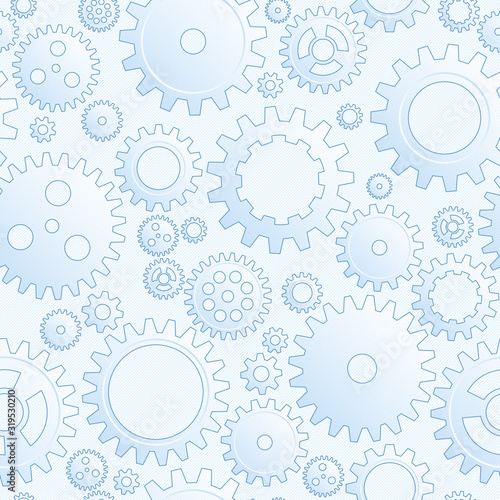Vector Drawing Mechanical Cogwheel Seamless Pattern. Light Blue Gear And Cog Site Background. Collection Of Clockwork Gear Wheels, Different Configuration. Mechanical Engineering Drafting.