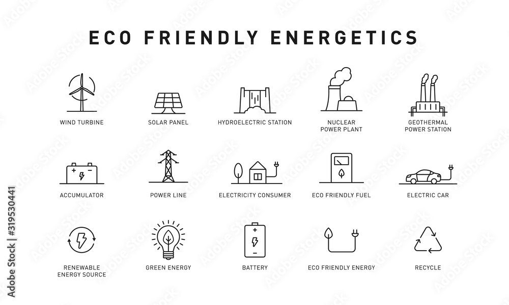 Set of green energy thin line icons. Icons for renewable energy, green technology. Design elements for you projects. Vector illustration.