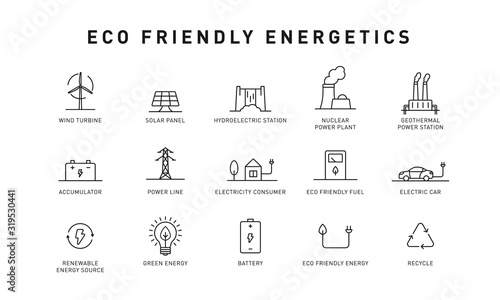 Set of green energy thin line icons. Icons for renewable energy, green technology. Design elements for you projects. Vector illustration. photo