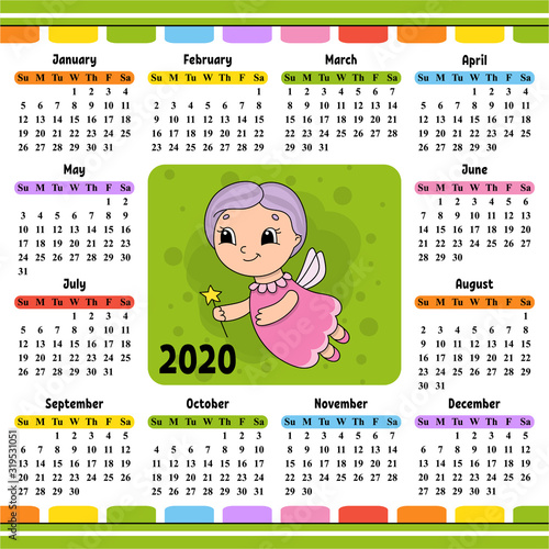 Fairy godmother flies and holds a magic wand. Calendar for 2020 with a cute character. Fun and bright design. Isolated color vector illustration. Cartoon style.