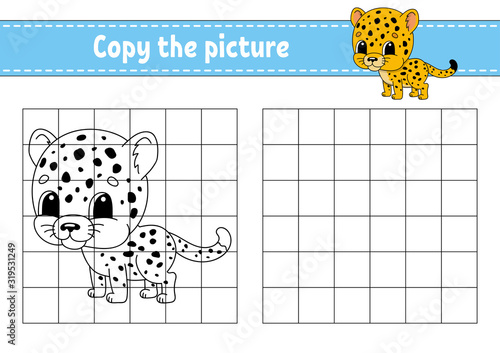 Spotted jaguar. Copy the picture. Coloring book pages for kids. Education developing worksheet. Game for children. Handwriting practice. Funny character. Cute cartoon vector illustration.