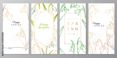 Floral vector card with golden snowdrops, happy spring card.