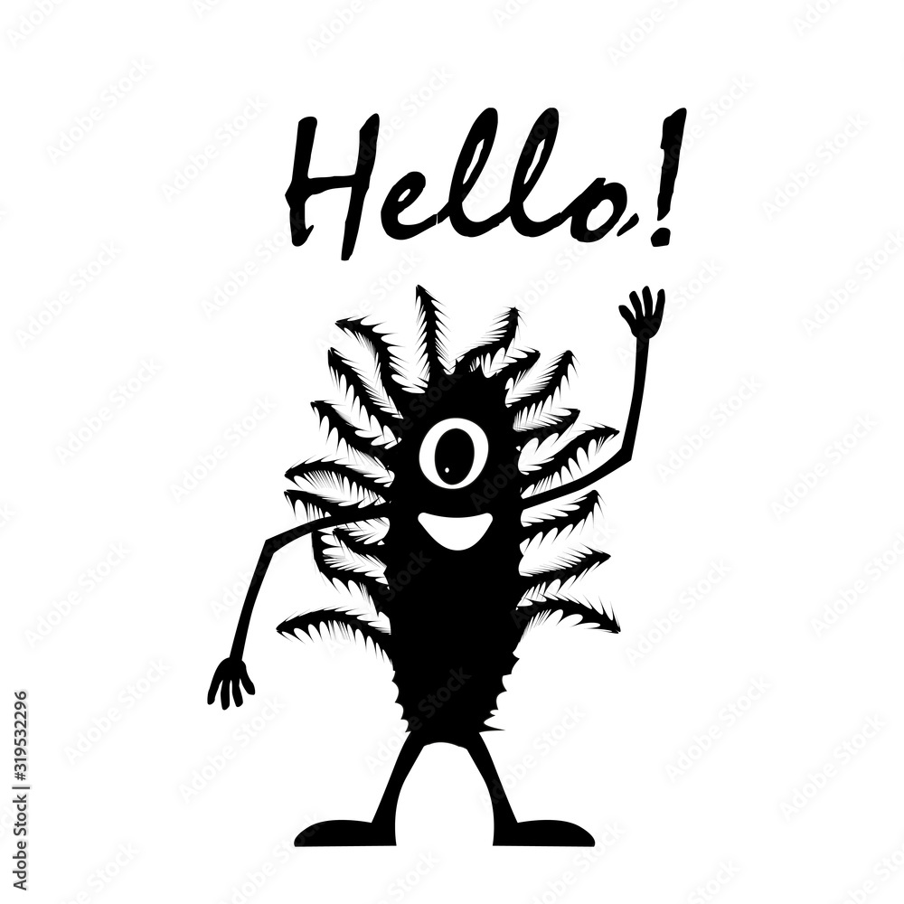 Silhouette of a funny one-eyed creature with a hand raised in greeting. The body is covered with long villi. Lettering Hello! Isolated vector on a white background. Silhouette of a funny one-eyed creature with a hand raised in greeting. The body is covered with long villi. Lettering Hello! Isolated vector on a white background.