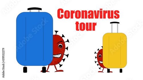 Coronavirus from China spreads with tourists. An angry red virus hides behind blue and yellow suitcases. Horizontal vector