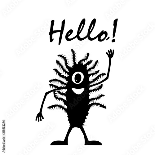 Silhouette of a funny one-eyed creature with a hand raised in greeting. The body is covered with long villi. Lettering Hello! Isolated vector on a white background.