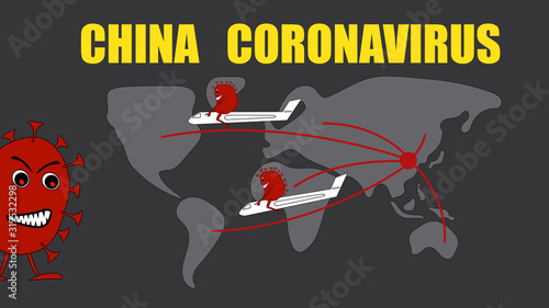 Map of the spread of the global coronavirus from China via the airlines. A contented virus sits astride a plane and flies around the world. Horizontal vector HD.