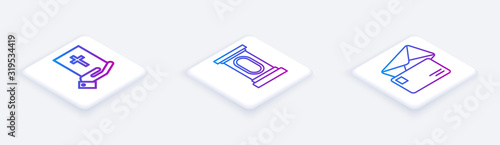 Set Isometric line Oath on the Holy Bible, Stage stand or debate podium rostrum and Envelope. White square button. Vector