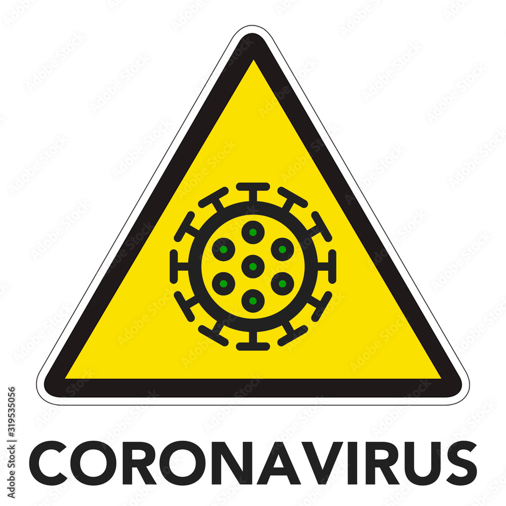 coronavirus logo on a yellow triangle background.