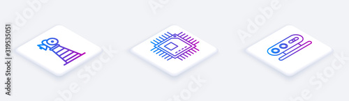 Set Isometric line Antenna, Processor with microcircuits CPU and 3d scanning system. White square button. Vector