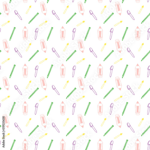 Seamless Pattern with Colorful Pencils and Pens. Back to School Background	