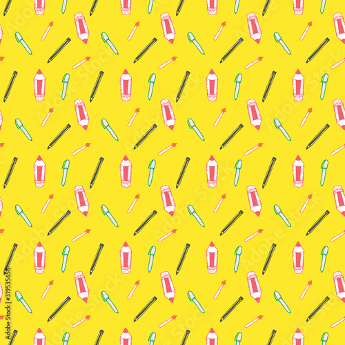 Seamless Pattern with Colorful Pencils and Pens. Back to School Background	