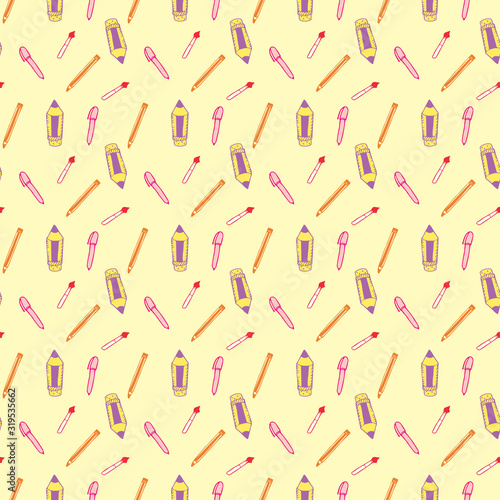 Seamless Pattern with Colorful Pencils and Pens. Back to School Background