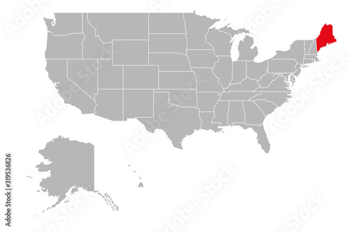 Maine province highlighted on USA political map. Gray background.