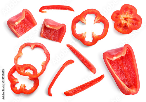 Fotomurale Set of ripe red bell peppers on white background, top view