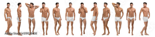 Collage of man in underwear on white background. Banner design photo