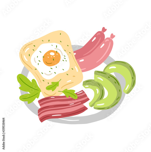 Vector illustration of tasty breakfast variant. Plate with avocado slices, toasts, sausages, slices of bacon, eggs and lettuce. Сartoon style illustration. 