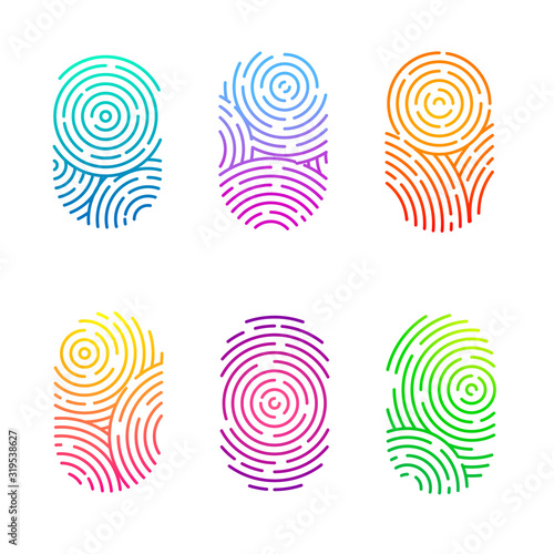 Vector set of color fingerprints isolated on white background. Thumb finger print or personal id, unique biometric identity for police or security