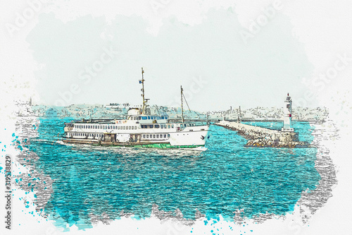 Photography Watercolor sketch or illustration of a ferry sailing against the backdrop of urban architecture in Istanbul