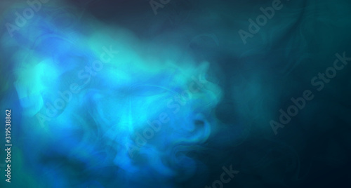 Blue thick steam on dark background. Blue fog. Colored smoke. Turquoise tones and blurry bursts of light. Abstract neon night background. 3d Realistic fog. Vector stock illustration. Copy space.