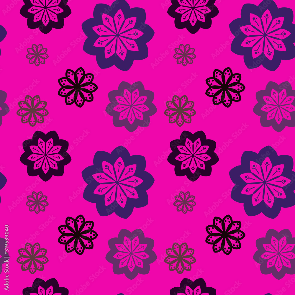 Seamless repeat pattern with flowers in gray on pink background. drawn fabric, gift wrap, wall art design, wrapping paper, background, fabric print, web page backdrop.