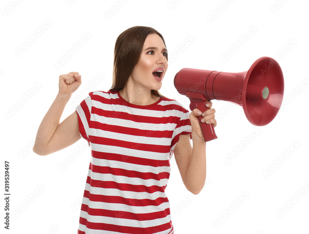 Young woman with megaphone on white background Young woman with megaphone on white background