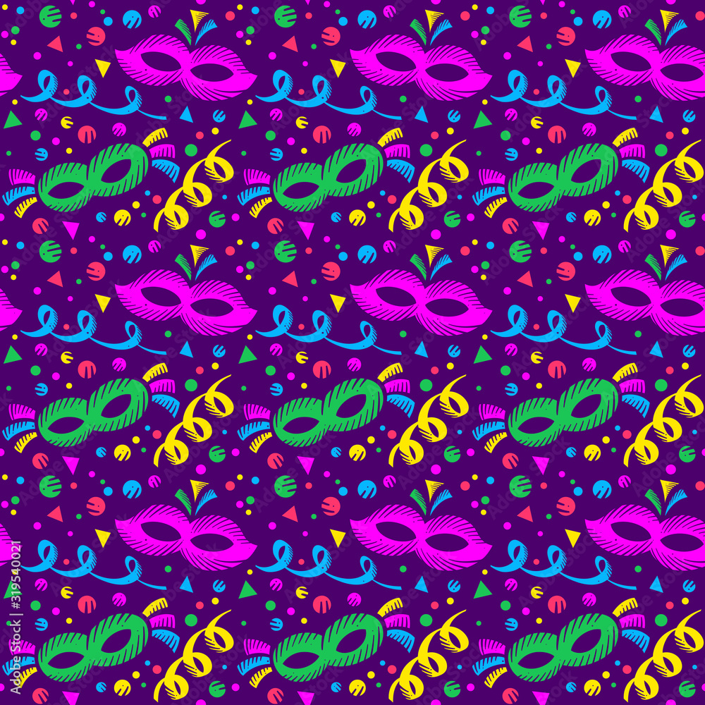 Fototapeta premium Colorful pattern with carnival ornaments on dark background