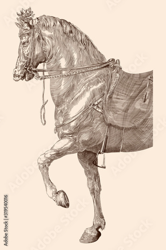 Horse with saddle and harness in vintage style on a beige background.