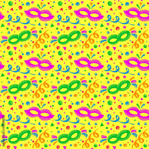 Colorful pattern with carnival ornaments on yellow background