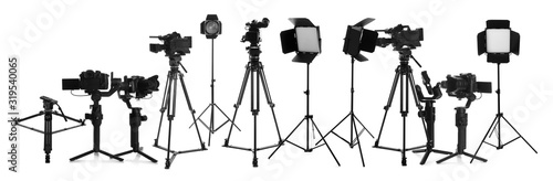 Collage with modern professional equipment on white background. Video production