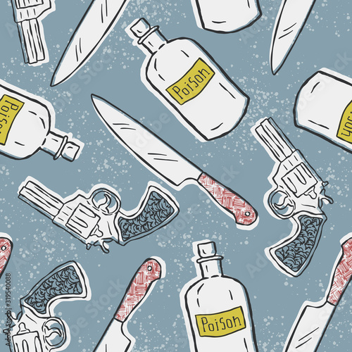 Vector seamless pattern of murder weapons. Hand drawn design in retro style of poison bottle, knife and pistol. Great for wallpaper and scrapbook.