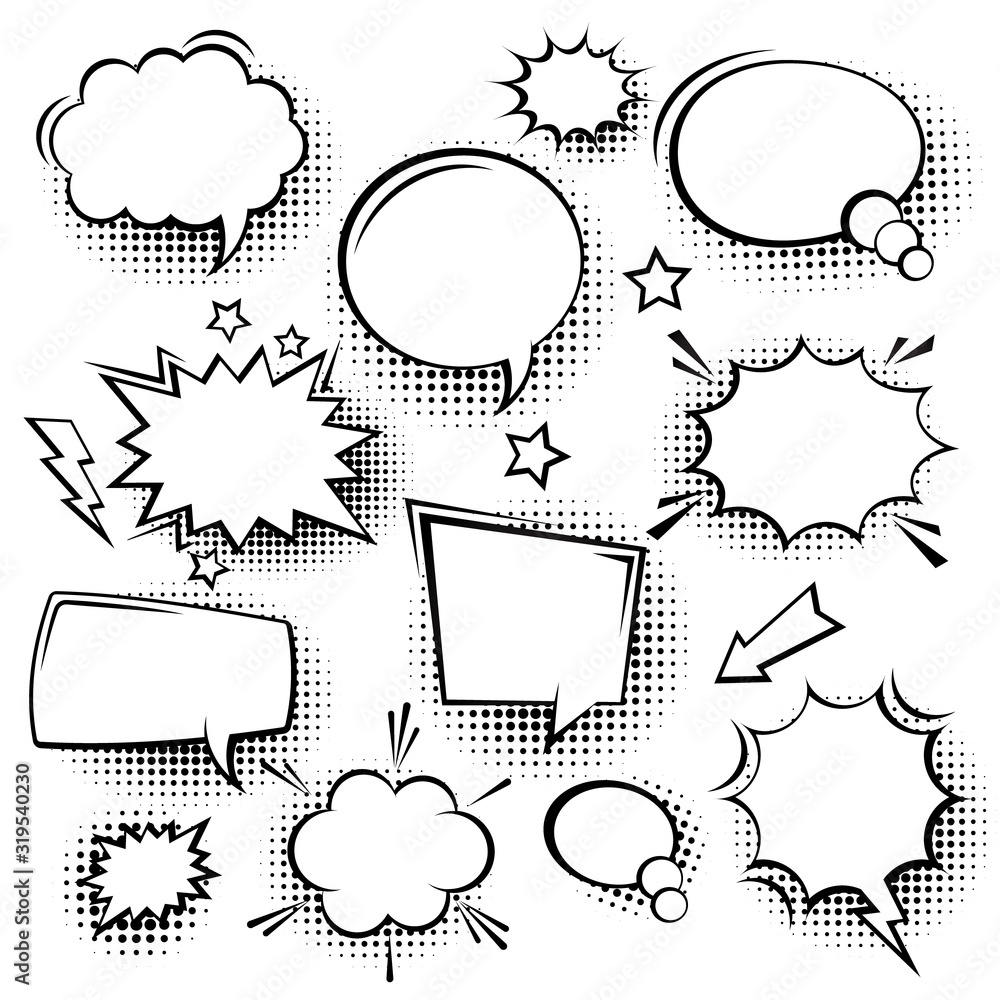 Collection of empty comic speech bubbles with halftone shadows. Hand ...