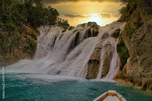 Unbelievable summer morning scene on the Waterfall (EL SALTO-EL MECO) san luis potosi Mexico,Colorful sunrise . Beauty of nature concept background. photo