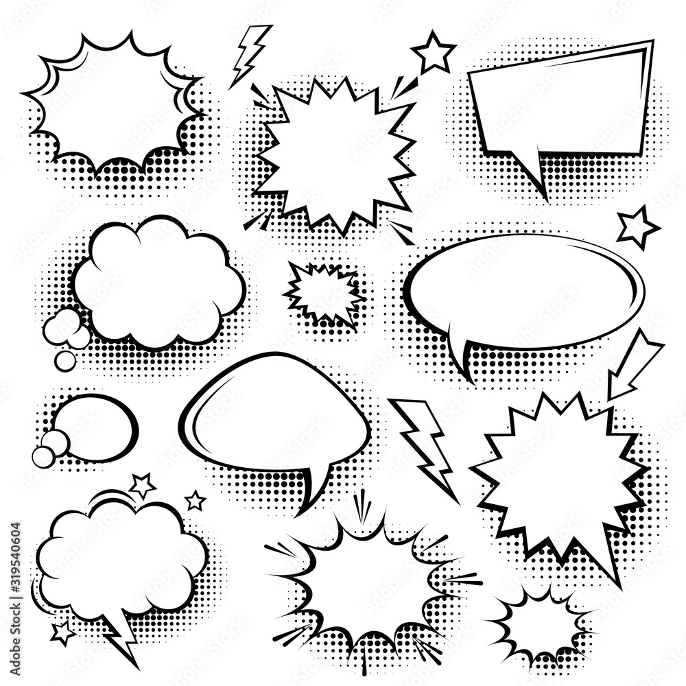Fototapeta Collection of empty comic speech bubbles with halftone shadows. Hand drawn retro cartoon stickers. Pop art style. Vector illustration.