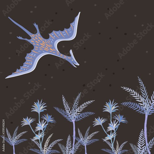 Vector image of a pterodactyl flying over palm trees on a background of the starry sky.