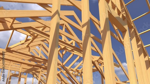 Conceptual video of a frame house under construction. Detailed 3d render of roof structures, walls and ceilings made of wooden posts and beams. Looped footage with alpha channel. 