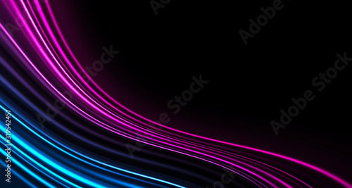 Dark background, blue and pink neon lines. Symmetric reflection of geometric shapes.