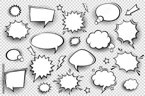 Collection of empty comic speech bubbles with halftone shadows. Hand drawn retro cartoon stickers. Pop art style. Vector illustration.