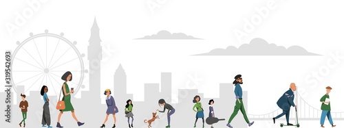 A crowd of people walking along the street against the backdrop of the buildings of the big city. Flat vector illustration.