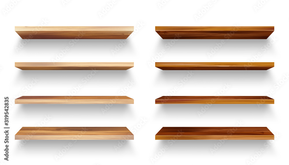 Realistic empty wooden store shelves set. Product shelf with wood texture. Grocery wall rack. Vector illustration. Realistic empty wooden store shelves set. Product shelf with wood texture. Grocery wall rack. Vector illustration.