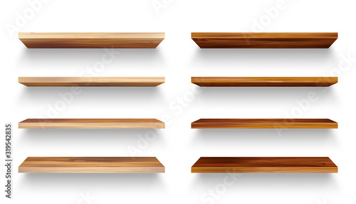 Realistic empty wooden store shelves set. Product shelf with wood texture. Grocery wall rack. Vector illustration.