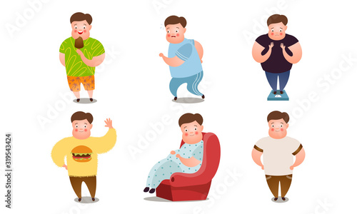 Overweight boys doing everyday things vector illustration