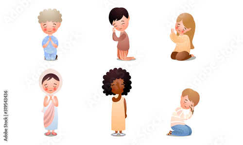 Children meditating, praying asking for something vector illustration