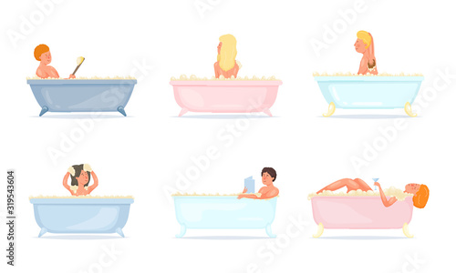 Happy men and women taking bath and relaxing vector illustration