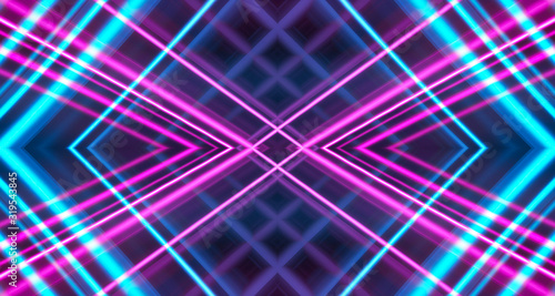 Dark background, blue and pink neon lines. Symmetric reflection of geometric shapes.